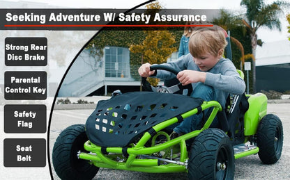 Baja-X 48V 1000W Brushless Electric Go Kart, 3-Speed Setting Go Kart W/Forward & Reverse, Racing Go Cart up to 20 Mph W/Foot Pedal & Foot Break, Go Cart Support up to 175 Lbs (Green)