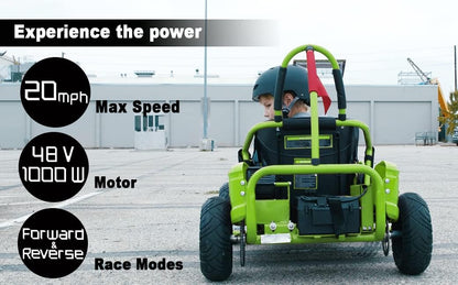 Baja-X 48V 1000W Brushless Electric Go Kart, 3-Speed Setting Go Kart W/Forward & Reverse, Racing Go Cart up to 20 Mph W/Foot Pedal & Foot Break, Go Cart Support up to 175 Lbs (Green)